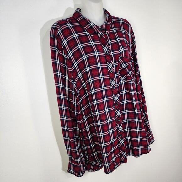 Beach Lunch Lounge Shirt Large Red Plaid Button Up Flannel Rayon Button Back - Picture 5 of 9